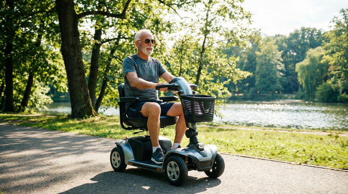 Ein fitter Senior fährt an einem sonnigen Tag mit einem modernen Elektromobil auf einem gepflasterten Weg durch einen grünen Park. Bäume und ein kleiner See im Hintergrund, glücklicher Gesichtsausdruck, ohne Text.