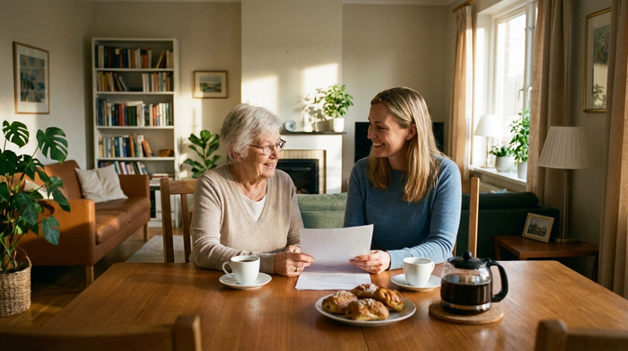 Eine ältere Dame sitzt zusammen mit ihrer Tochter am Esstisch und bespricht lächelnd Dokumente. Kaffeetassen auf dem Tisch, warme Familienatmosphäre, aufgeräumtes Wohnzimmer, ohne Text.