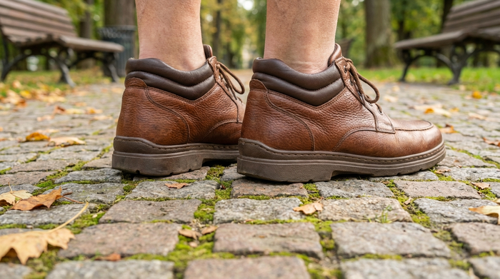 Nahaufnahme von bequemen, stützenden Gesundheitsschuhen an den Füßen eines älteren Herrn, der auf einem gepflasterten Weg im Park steht. Fokus auf die stabile Fußstellung und das hochwertige, weiche Ledermaterial der Schuhe.