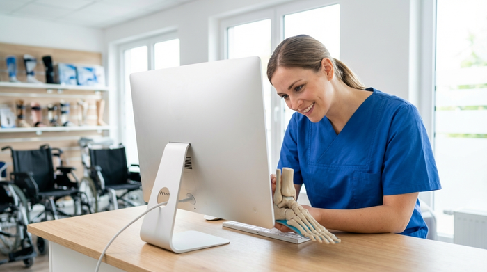 Ein heller, moderner Raum in einem Sanitätshaus. Eine freundliche Orthopädietechnikerin betrachtet konzentriert ein detailliertes 3D-Modell eines Fußes auf einem modernen Computermonitor. Im Hintergrund sind unscharf helle Regale zu sehen.