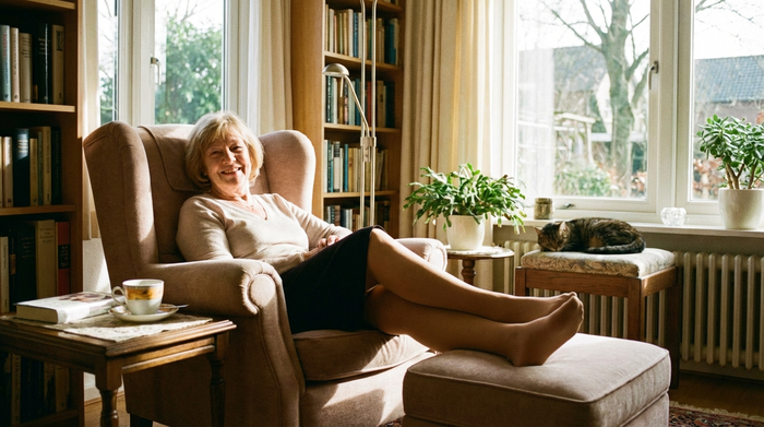 Eine lächelnde ältere Dame sitzt entspannt auf einem bequemen Sessel in ihrem lichtdurchfluteten Wohnzimmer und legt ihre Beine hoch. Sie trägt gut sitzende, unauffällige hautfarbene Strümpfe. Die Atmosphäre ist gemütlich und ruhig.