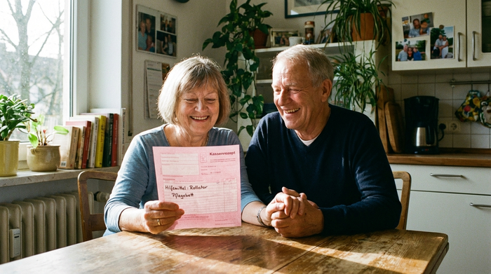 Ein älteres Ehepaar sitzt gemeinsam an einem Holztisch und schaut zufrieden auf ein rosa Rezept für medizinische Hilfsmittel. Die Stimmung ist entspannt und erleichtert. Helles Tageslicht fällt durch das Fenster.
