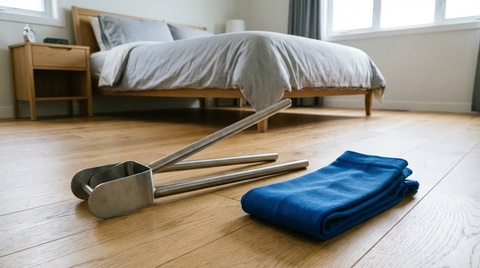 Eine praktische metallene Anziehhilfe für Strümpfe steht auf einem hellen Holzboden in einem aufgeräumten Schlafzimmer. Daneben liegt ein ordentlich gefalteter, blauer medizinischer Strumpf aus festem Gewebe.