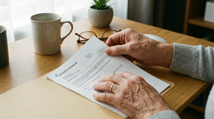Nahaufnahme der Hände eines Seniors, der ein medizinisches Dokument sorgfältig in eine Mappe heftet. Der Schreibtisch ist ordentlich aufgeräumt und von weichem Tageslicht beleuchtet.