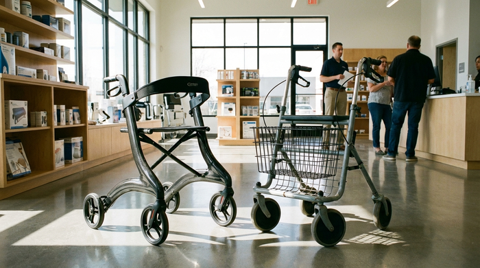 Ein glänzender, extrem leichter Carbon-Rollator steht direkt neben einem klassischen, massiven Standard-Rollator aus Stahl in den hellen, modernen Verkaufsräumen eines Sanitätshauses.