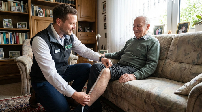 Ein freundlicher Sanitätshaus-Mitarbeiter in gepflegter Arbeitskleidung misst mit einem Maßband das Bein eines älteren Herrn ab, der entspannt auf seinem heimischen Sofa sitzt.