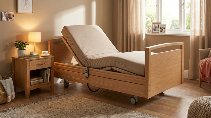 Ein modernes, elektrisch verstellbares Pflegebett steht in einem wohnlich und warm eingerichteten Schlafzimmer. Auf dem Nachttisch steht eine kleine Lampe, die sanftes Licht spendet.