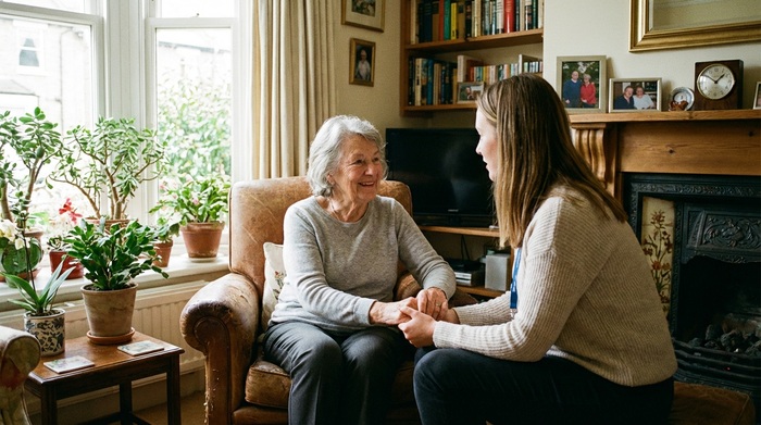 Eine ältere Dame mit grauem Haar sitzt entspannt in einem bequemen Sessel in ihrem Wohnzimmer und unterhält sich vertrauensvoll mit einer empathischen Pflegeberaterin. Im Hintergrund ein helles Fenster mit Zimmerpflanzen. Warme, ruhige Atmosphäre.
