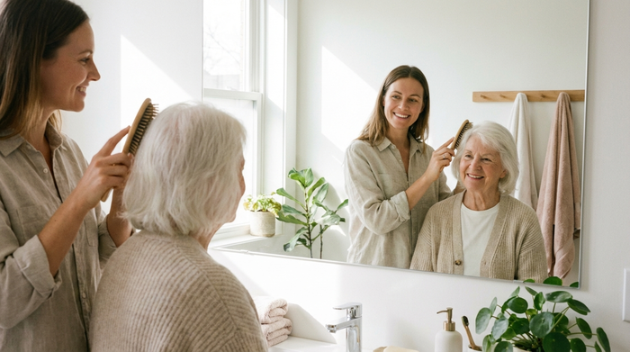 Eine fürsorgliche Tochter hilft ihrer älteren Mutter liebevoll beim Kämmen der Haare im hellen, sauberen Badezimmer. Beide lächeln sich im Spiegel an. Realistische, familiäre und harmonische Pflegesituation zu Hause.