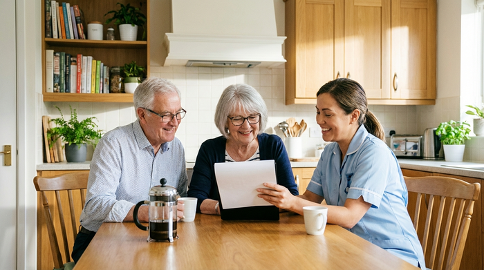 Ein älteres Ehepaar sitzt am Küchentisch und schaut gemeinsam mit einer Pflegekraft auf einen neutralen Notizblock. Die Stimmung ist positiv und lösungsorientiert. Helle, aufgeräumte Küche mit Holzmöbeln.