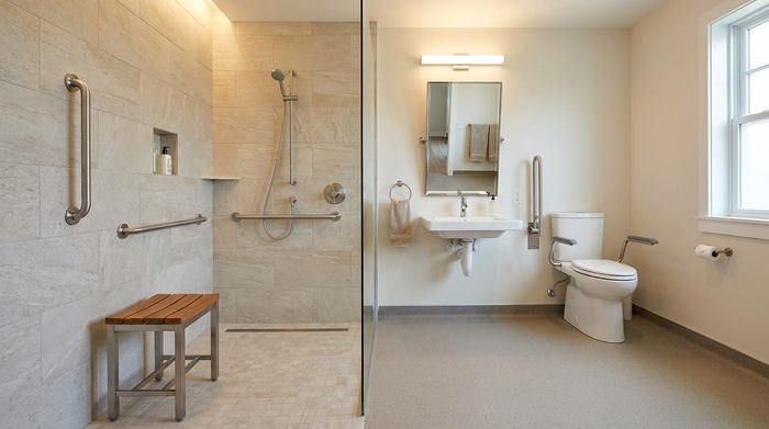 Ein modernes, barrierefreies Badezimmer mit einer großzügigen, ebenerdigen Dusche, Haltegriffen an der Wand und hellen Fliesen. Ein eleganter Duschhocker steht bereit. Saubere, sichere und altersgerechte Wohnumgebung.