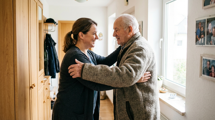 Eine fürsorgliche Pflegekraft hilft einem älteren Herrn beim Anziehen einer warmen Jacke im hellen Flur. Realistische, freundliche Szene, Fokus auf Grundpflege, ohne Text.