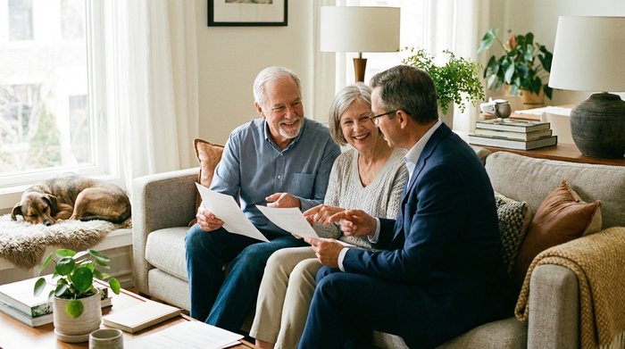 Ein älteres Ehepaar sitzt entspannt auf einem Sofa und betrachtet gemeinsam mit einer Beraterin Dokumente. Helles Wohnzimmer, vertrauensvolle Stimmung, keine lesbaren Texte.