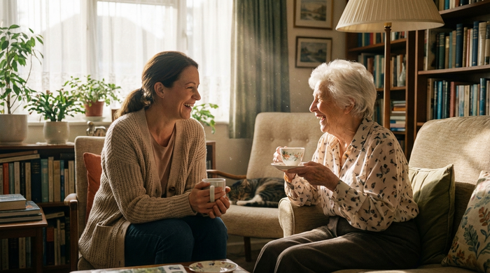 Eine Pflegekraft und eine ältere Frau unterhalten sich bei einer Tasse Tee im Wohnzimmer. Beide lächeln. Entspannte, vertrauensvolle Atmosphäre, weiches Licht.