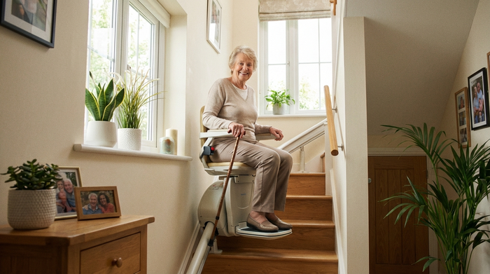 Eine ältere Dame fährt sicher auf einem modernen Treppenlift eine Holztreppe hinauf. Helles, gepflegtes Einfamilienhaus, realistische Darstellung, Fokus auf sicheres Wohnen.
