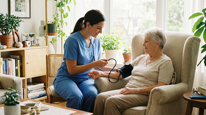 Eine professionelle Pflegekraft in blauer Berufskleidung misst sanft den Blutdruck einer älteren Dame, die entspannt auf einem bequemen Sessel sitzt. Helles Zimmer, vertrauensvolle Stimmung, keine sichtbaren Schriften.