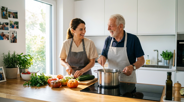 Eine engagierte Betreuerin und ein fröhlicher Senior kochen gemeinsam in einer modernen, sauberen Küche. Frisches Gemüse liegt auf der Arbeitsplatte, warme und familiäre Atmosphäre.