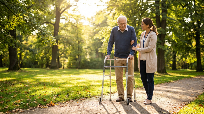 Ein gemütlicher Spaziergang im Park: Ein älterer Herr stützt sich auf einen Rollator, liebevoll begleitet von einer aufmerksamen Betreuungskraft. Sonniges Wetter, grüne Bäume im Hintergrund.