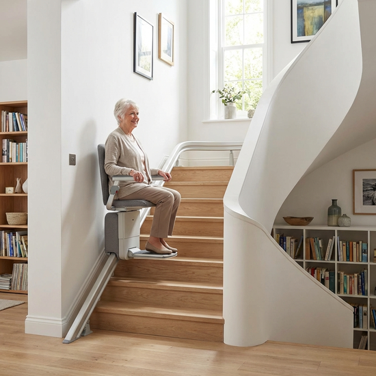 Ein moderner, unauffälliger Treppenlift in einem gepflegten Treppenhaus eines Einfamilienhauses. Eine ältere Dame fährt sicher und entspannt in das obere Stockwerk.