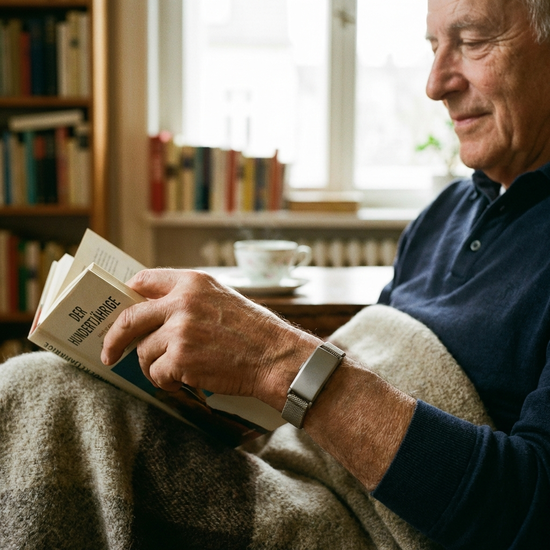 Ein moderner Hausnotruf-Knopf am Handgelenk eines Seniors, der entspannt ein Buch liest. Nahaufnahme, fokussiert auf das Handgelenk und das Gerät, beruhigende Umgebung.