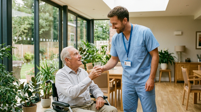 Ein freundlicher, professioneller Pfleger in hellblauer Berufskleidung reicht einem älteren Herrn im Rollstuhl ein Glas Wasser. Sie befinden sich in einem modernen, hellen Aufenthaltsraum einer Pflegeeinrichtung mit großen Fenstern und grünen Zimmerpflanzen. Realistisch, warme Farben.