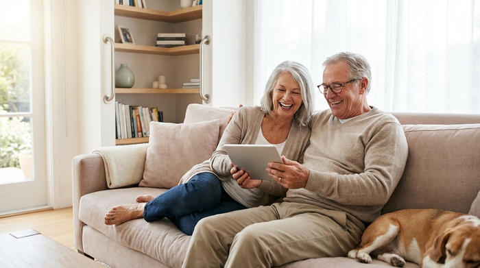 Ein älteres Ehepaar sitzt gemeinsam auf einem bequemen Sofa und schaut entspannt auf ein Tablet. Das Wohnzimmer ist modern und altersgerecht eingerichtet. Die Stimmung ist positiv und unbeschwert. Helles, natürliches Licht, realistisches Foto ohne Text.