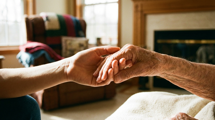 Ein detailreiches, stimmungsvolles Bild von zwei Händen, die sich beruhigend halten – eine junge, glatte Hand und eine ältere, faltige Hand. Im Hintergrund ist unscharf ein gemütliches Zimmer zu erkennen. Fokus auf Verbundenheit und familiäre Unterstützung.