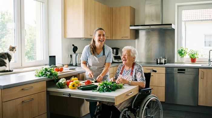 Eine engagierte Betreuungskraft kocht gemeinsam mit einer fröhlichen Seniorin in einer modernen, barrierefreien Küche. Frisches Gemüse liegt auf der Arbeitsplatte. Lebendige, authentische Szene, strahlendes Lächeln, helles Tageslicht.