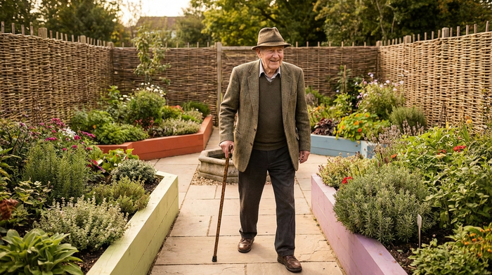 Ein älterer Herr mit Gehstock spaziert sicher durch einen liebevoll angelegten, eingezäunten Sinnesgarten. Bunte Blumenbeete und ein kleiner Springbrunnen säumen den gepflasterten, barrierefreien Weg. Die Atmosphäre ist ruhig und geschützt.
