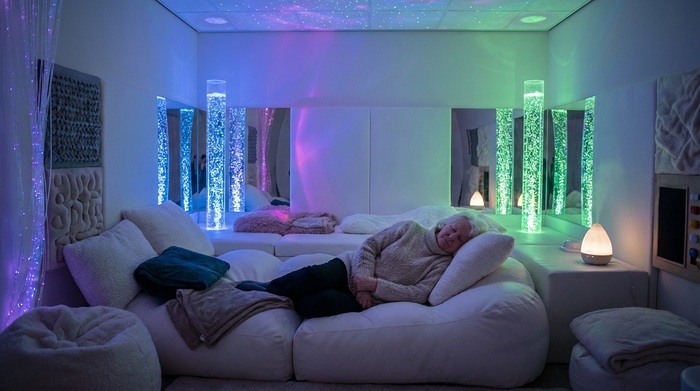 Ein gemütlich eingerichteter Snoezelen-Raum mit gedimmtem, farbigem Licht. Bequeme weiße Polsterlandschaften und sanft leuchtende Wassersäulen schaffen eine beruhigende Atmosphäre. Ein älterer Mensch ruht entspannt auf den Kissen.