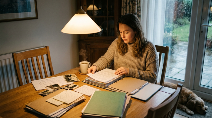 Eine nachdenkliche Tochter sitzt am heimischen Esstisch und sortiert Dokumente und Unterlagen in verschiedenen Mappen. Eine Tasse Kaffee steht neben ihr. Das warme Licht der Hängelampe beleuchtet die Papiere.