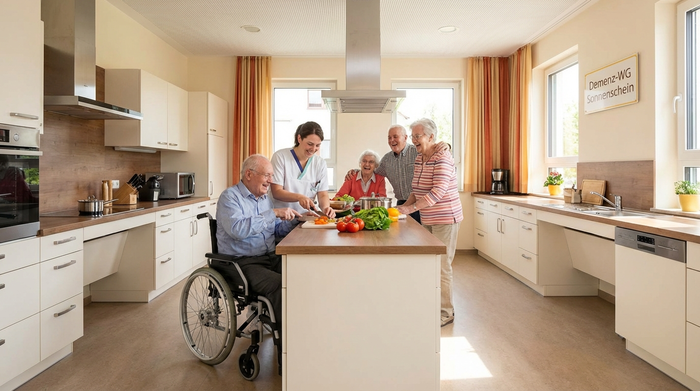 Eine fröhliche Seniorengruppe kocht gemeinsam in einer großen, barrierefreien und modernen Küche einer Demenz-Wohngemeinschaft. Eine Betreuungskraft hilft einem älteren Herrn beim Gemüseschneiden. Alle lächeln und genießen die familiäre Stimmung.