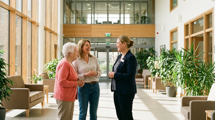 Zwei Frauen, Mutter und Tochter, unterhalten sich angeregt mit einer freundlichen Pflegeheimleiterin im Eingangsbereich einer modernen Einrichtung. Im Hintergrund sind helle, breite Flure und grüne Zimmerpflanzen zu sehen.