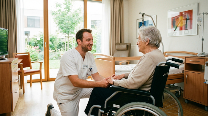 Ein freundlicher Sozialarbeiter im Krankenhaus spricht beruhigend mit einer älteren Patientin im Rollstuhl. Helles, modernes Krankenzimmer, professionelle und empathische Atmosphäre.