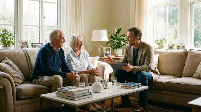 Ein älteres Ehepaar sitzt entspannt auf einem bequemen Sofa und unterhält sich lächelnd mit einem freundlichen Berater. Helles Wohnzimmer, aufgeräumte Tischfläche.