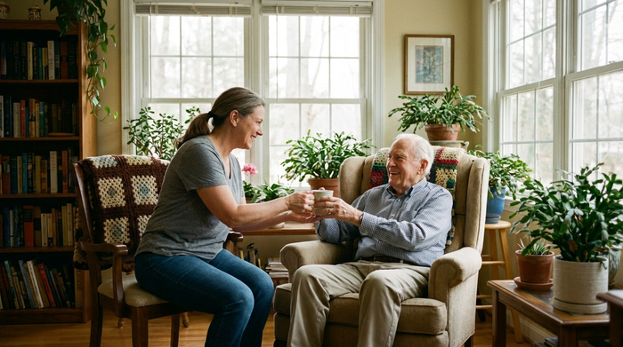 Eine liebevolle Pflegekraft reicht einem lächelnden Senior eine Tasse Tee in seinem eigenen, gemütlichen Wohnzimmer. Helle Fenster, wohnliche Atmosphäre mit Zimmerpflanzen.