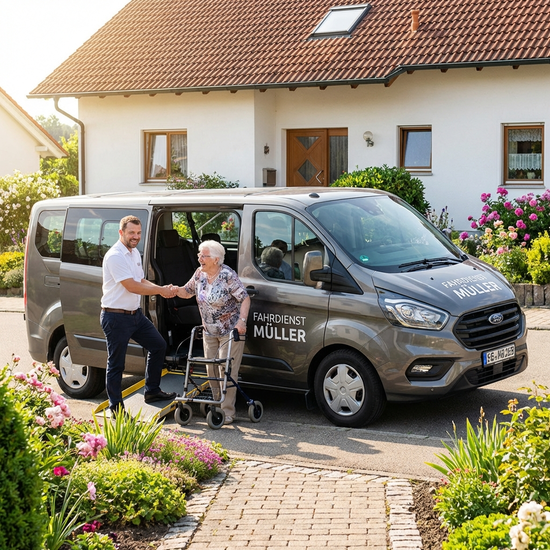 Ein fröhlicher Fahrdienst-Mitarbeiter hilft einer älteren Dame mit Rollator behutsam aus einem modernen, rollstuhlgerechten Kleinbus. Die Szene spielt an einem sonnigen Vormittag vor einem gepflegten Einfamilienhaus. Realistisch, freundlich, ohne Text.