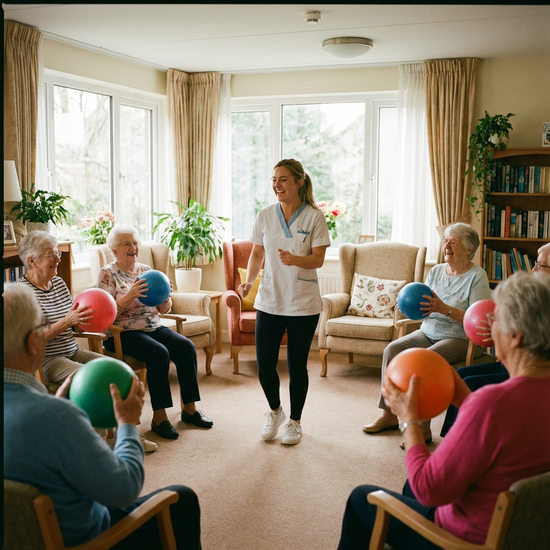 Eine Gruppe von fröhlichen Senioren sitzt im Kreis in einem hellen Raum und macht leichte Sitzgymnastik mit bunten Bällen. Eine motivierende Betreuungskraft leitet die Übungen an. Natürliches Tageslicht, gemütliche Einrichtung.