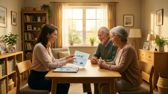 Ein älteres Ehepaar sitzt gemeinsam mit einer Beraterin an einem Tisch im Wohnzimmer. Die Beraterin erklärt geduldig etwas und zeigt auf ein Dokument, während die Senioren erleichtert und glücklich lächeln. Warme Lichtstimmung, aufgeräumtes Zuhause, keine lesbaren Texte.