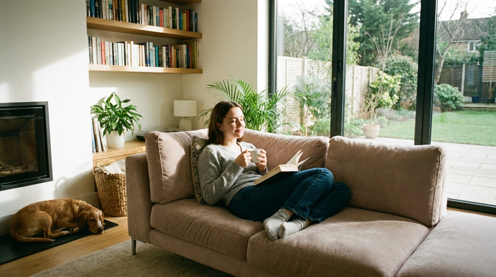 Eine entspannte Tochter sitzt mit einer Tasse Tee auf dem Sofa und liest ein Buch, während sie sichtlich die Ruhe genießt. Im Hintergrund sieht man ein sauberes, modernes Wohnzimmer. Die Szene strahlt tiefe Entspannung und Erleichterung aus.