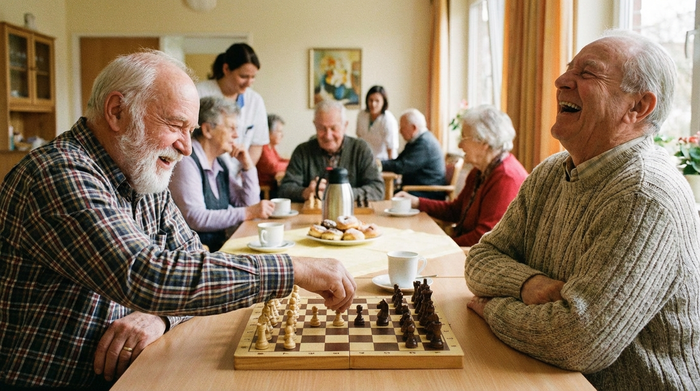 Ein rüstiger Senior spielt an einem Tisch in der Tagespflege vergnügt Schach mit einem anderen Gast. Beide lachen herzlich. Im Hintergrund stehen Kaffeetassen und ein Teller mit Gebäck. Gemütliche, soziale Atmosphäre, realistischer Fotostil.