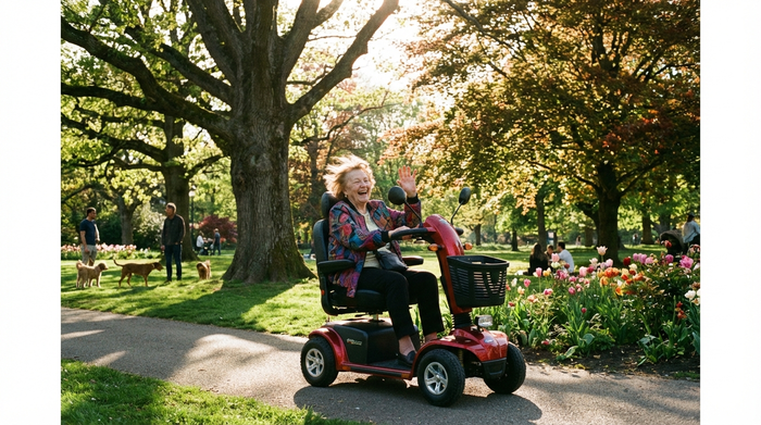Eine ältere Dame fährt an einem sonnigen Nachmittag glücklich und sicher mit einem modernen, roten Elektromobil durch einen grünen Park mit großen Bäumen. Realistische Darstellung, klares Wetter, aktive Lebensfreude.
