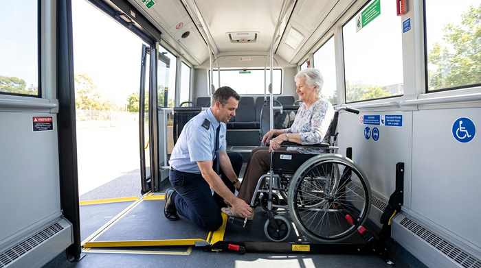 Ein fürsorglicher Fahrer sichert einen Rollstuhlfahrer über eine ausgefahrene Rampe in einem geräumigen Transportfahrzeug. Helles Licht, sauberes Interieur des Busses, Fokus auf Sicherheit und Barrierefreiheit, realistische Darstellung ohne Text.
