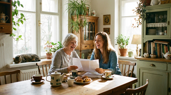 Eine ältere Dame und ihre Tochter sitzen entspannt am Küchentisch und schauen lächelnd auf Dokumente. Gemütliches, helles Wohnzimmer, Kaffeetassen auf dem Tisch. Entspannte, sorgenfreie Stimmung, realistische Szene.