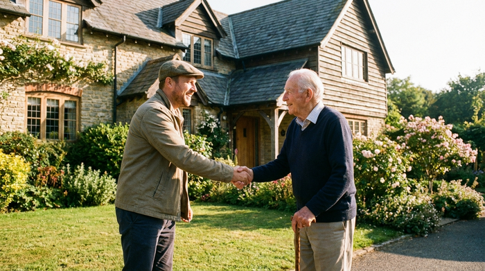 Ein sympathischer Fahrer reicht einem älteren Herrn mit Gehstock freundlich die Hand. Beide stehen vor einem gepflegten Haus im Grünen. Vertrauensvolle Interaktion, sonniger Morgen, realistische Fotografie ohne Text.