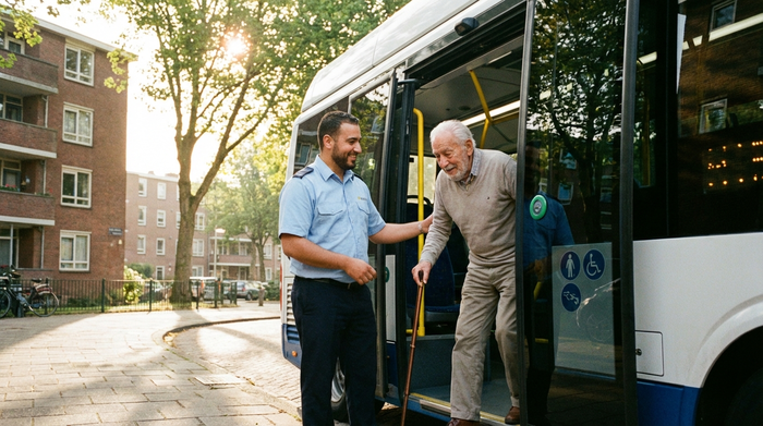 Ein freundlicher Fahrer hilft einem älteren Herrn mit Gehstock behutsam aus einem modernen, barrierefreien Kleinbus. Sonniges Morgenlicht, städtische Wohngegend im Hintergrund. Realistische und herzerwärmende Szene, keine Texte im Bild.
