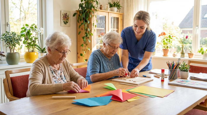 Zwei ältere Damen basteln konzentriert mit buntem Papier und Holz an einem großen Holztisch. Eine junge Ergotherapeutin unterstützt sie mit einem Lächeln. Helle, kreative Umgebung mit grünen Zimmerpflanzen im Hintergrund. Fotorealistisch.