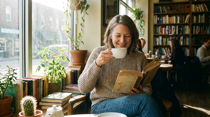 Eine entspannte Frau mittleren Alters sitzt in einem gemütlichen Café, liest ein Buch und trinkt genüsslich einen Cappuccino. Sie wirkt erleichtert und ruhig. Weiches Licht, authentische Szene, ohne Text.