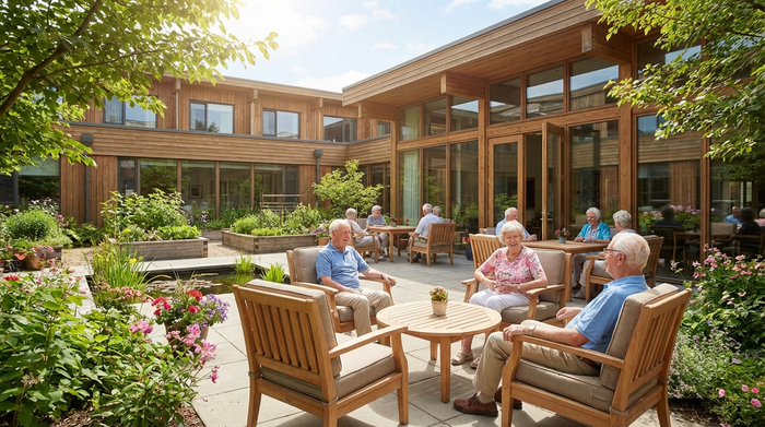 Ein gepflegter, begrünter Innenhof einer modernen Senioreneinrichtung. Bequeme Holzstühle und Tische stehen auf einer sonnigen, barrierefreien Terrasse. Ein paar Senioren unterhalten sich angeregt. Friedliche, idyllische Stimmung an einem Sommertag.