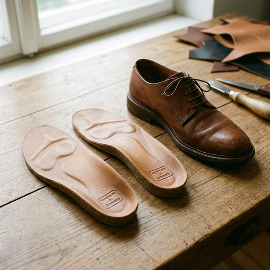 Hochwertige, maßgefertigte orthopädische Einlagen aus weichem Material liegen neben einem bequemen, modischen Lederschuh auf einem sauberen Holztisch.
